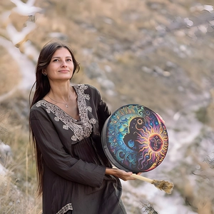 Detail of Shamanic hand drum with sun-moon pattern and feather mallet in outdoor setting