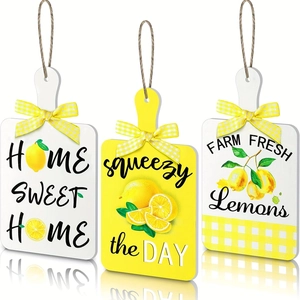 3-piece lemon themed wood hanging signs with yellow bows for summer kitchen decor