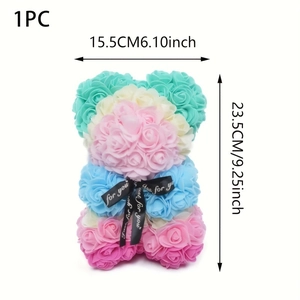 Detail shot of multicolor PE rose bear with dimensions 23.5cm height and gift ribbon