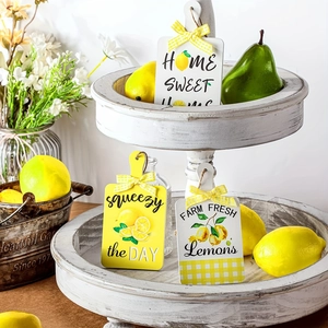 3Pcs lemon theme mini wooden kitchen signs with bows for summer farmhouse decor