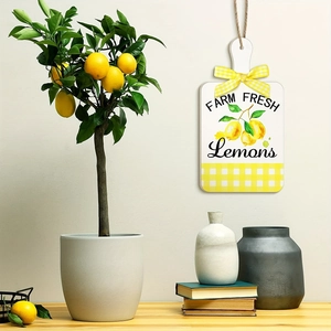 Cutting board shaped wood sign with Farm Fresh Lemons print and yellow plaid bow