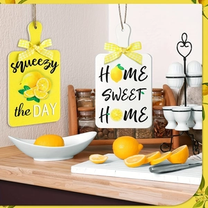 Set of 2 lemon themed wooden wall plaques with checkered bows for kitchen wall decor
