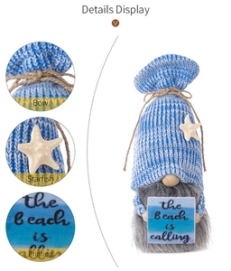 Detail showing knit cap with starfish accessory and the beach is calling sign on gnome