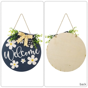 Detailed front and back view of rustic round welcome wood sign with daisy floral motifs