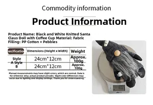 Size chart showing a 24cm tall knitted coffee gnome doll weighing 100g with PP cotton fill