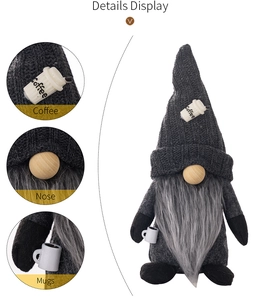 Detailed close-up of grey knitted coffee gnome gnome featuring a wood nose and coffee cup