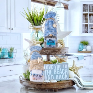 Beach themed blue gnome set with sea stars on vintage tiered wooden tray decor