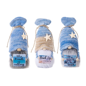 Three nautical beach gnomes set with starfish hats and ocean-themed wooden signs