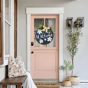 Navy blue wooden Welcome door sign with white sunflowers and decorative rustic bow