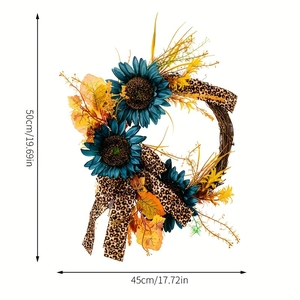 Size detail of blue sunflower wreath with leopard bow and autumn maple leaves
