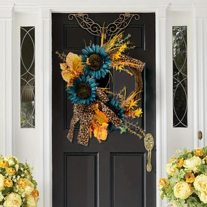 Blue sunflower wreath with leopard ribbon and autumn maple leaves on black door