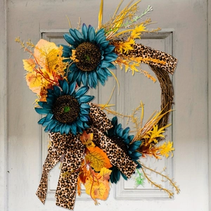 Blue Sunflower Autumn Wreath With Leopard Ribbon Maple Leaves Rattan Base For Front Door Harvest Thanksgiving Decor