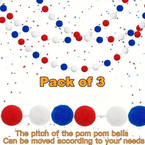 3-Pack Independence Day felt pom pom garland in red white and blue with adjustable spacing