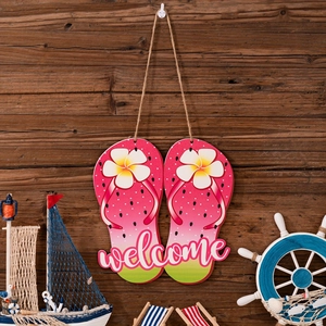 Watermelon flip-flop wooden welcome sign with hibiscus flower for beach wall decor