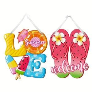 Summer wooden flip-flop welcome signs with fruit patterns and floral decor for wall