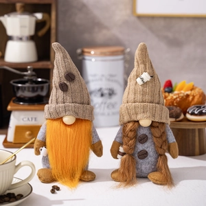 Pair of coffee themed gnomes with orange beard and knitted hats for cafe decoration