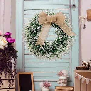 Artificial Greenery Leaf Wreath With Burlap Bow White Flowers Front Door Wall Porch Farmhouse Home Decor