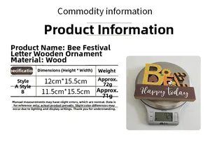Macro-opname van houten Bee Day decoratie met afmetingen en gewicht op een weegschaal