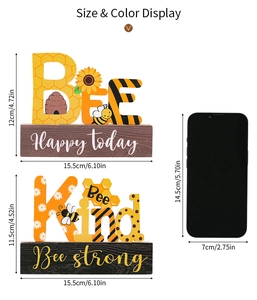 Bee day themed wooden letter signs with size dimensions and phone scale reference