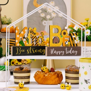 Bee Theme Wooden Desktop Ornament Honeycomb Sunflower Bee Kind Wood Sign For Tiered Tray Home Office Table Decorations