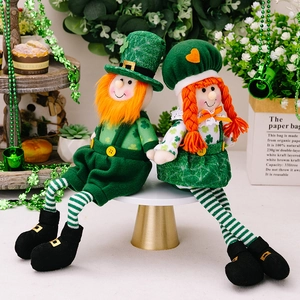 Saint Patrick's Day plush doll set with green clover hats and orange braided hair