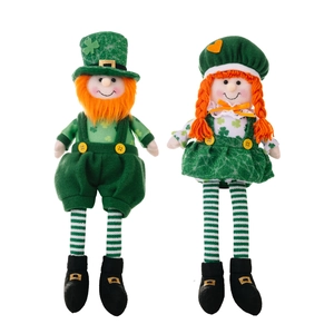 St. Patrick's Day plush doll set with green shamrock hats and orange braided hair