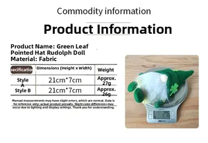 Detailed size chart and weight measurements for St. Patrick's Day clover gnome figures