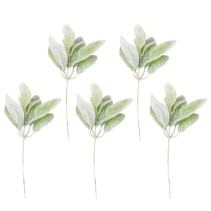 Set of 5 realistic flocked lamb's ear stems with soft velvet texture for home decor