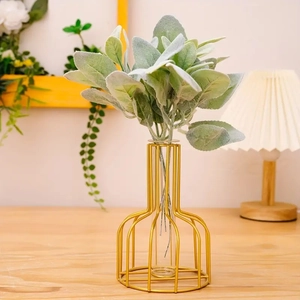 Artificial flocked lamb's ear leaf in geometric gold metal vase for home decor