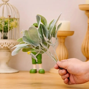 Artificial flocked lamb's ear leaf branch for home floral decoration and photography props