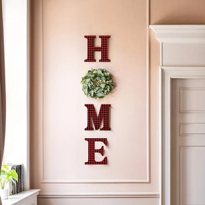 Rustic HOME wall sign with buffalo plaid letters and green wreath for home decor