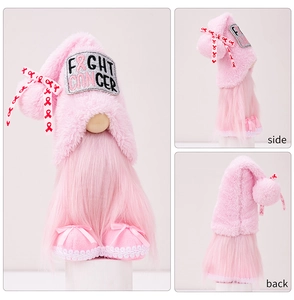 Vues détaillées d'un gnome rose avec broderie Fight Cancer et rubans décoratifs