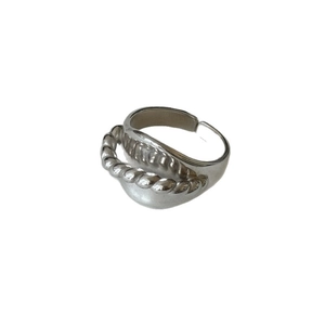 Silver double-layered knot ring with geometric hollow design and twisted rope pattern