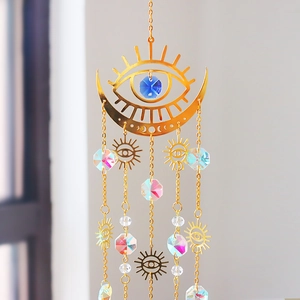 Bohemian Evil Eye Suncatcher with gold metal crescent moon and crystal prism rainbow maker