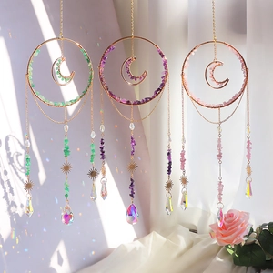Crystal Suncatcher Hanging Ornament Metal Moon Sun Natural Crushed Stone Rainbow Maker Garden Home Window Bohemian Decor