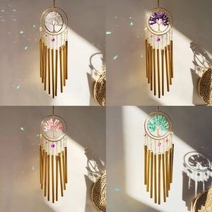 Detail of life tree crystal wind chimes with 9 metal tubes and colorful natural stones
