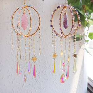 Bohemian crystal suncatcher set with pink and amethyst stones for outdoor window decor