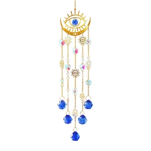 Bohemian Evil Eye crystal suncatcher with golden crescent moon and blue prisms