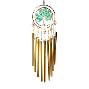 Golden 9-tube metal wind chime with crystal Tree of Life for balcony decoration