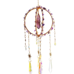 Bohemian gold suncatcher with purple amethyst crystals and celestial charms for home decor