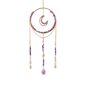 Golden moon suncatcher with purple amethyst gravel and iridescent crystal teardrop pendant