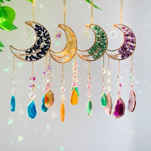 Moon-shaped suncatcher set with natural agate slices and crystal stones in four colors