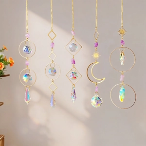 Lot de 5 attrape-soleil cristal améthyste lune et soleil avec cadres métalliques dorés