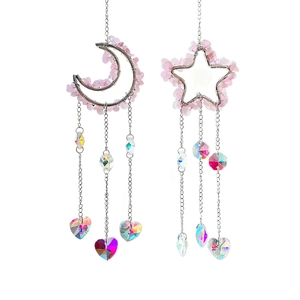 Pink quartz moon and star suncatcher set with iridescent heart crystal pendants
