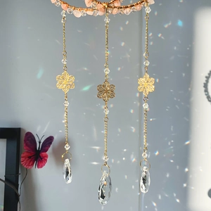 Hanging crystal suncatcher with pink beads and faceted glass pendant for home decor