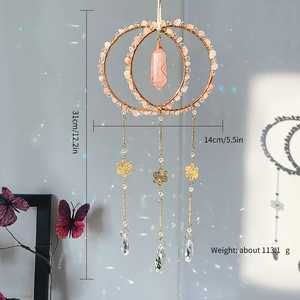 Handmade rose quartz suncatcher with gold rings and K9 crystal pendants for home decor