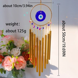 Bohemian evil eye wind chime with 9 golden tubes for outdoor garden home decor