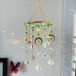 Crystal Suncatcher With Natural Green Aventurine Metal Moon Star Hanging Ornament For Window Bohemian Rainbow Maker