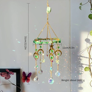 Green Aventurine suncatcher with golden moon and crystal prisms for window decor