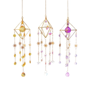 Golden geometric crystal suncatcher prisms with metal frames in three vibrant colors